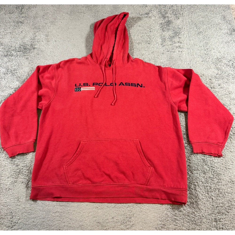 US Polo Assn Men Pullover Hoodie Large Red Distressed Embroidered Logo Fleece